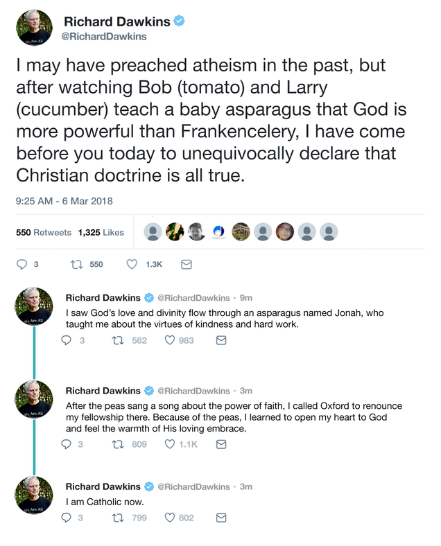 Illustration for article titled A Changed Man: Richard Dawkins Has Converted To Christianity After Watching One Episode Of ‘VeggieTales’